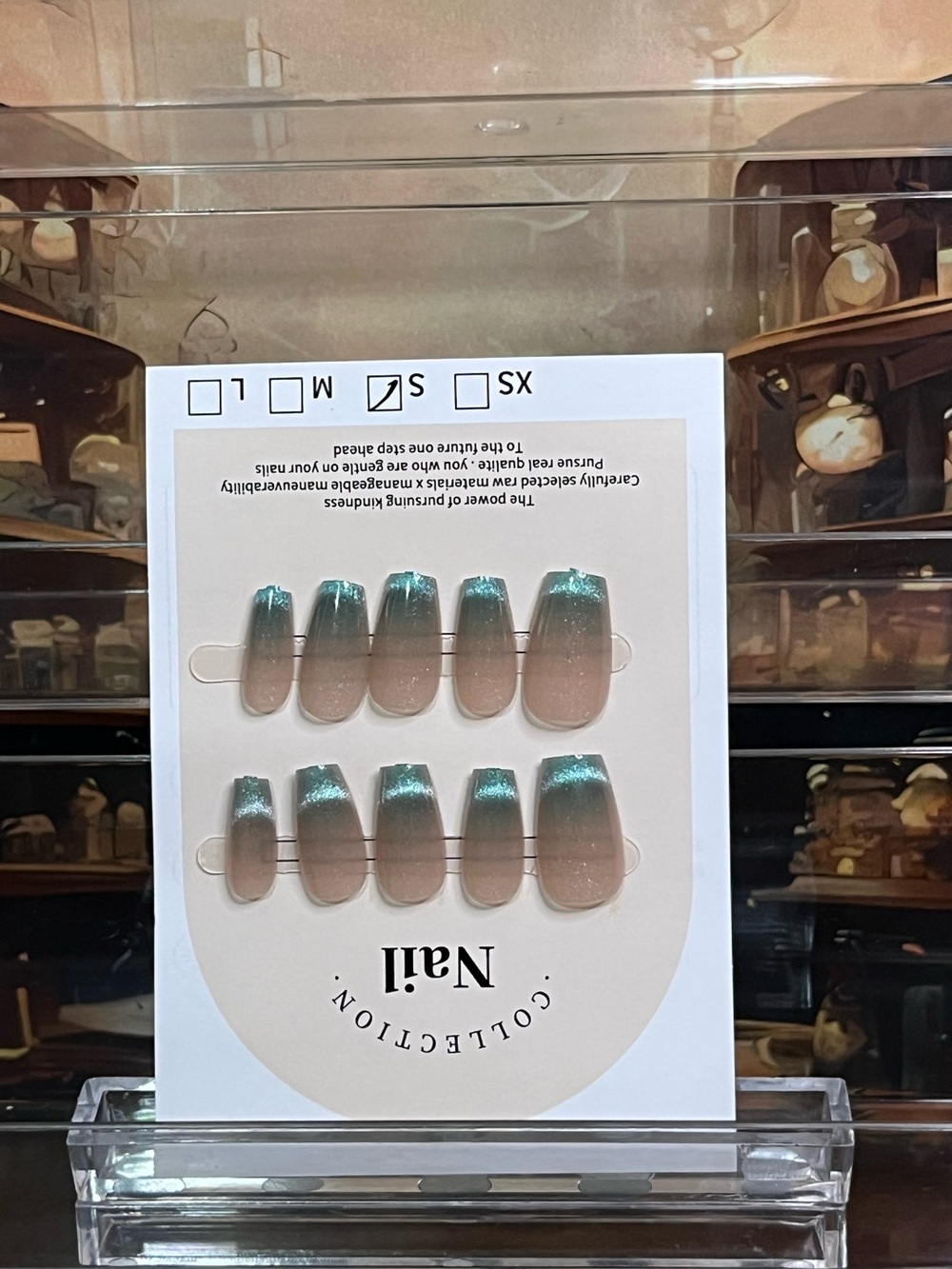 Ombre Press-On Nail Set in Teal Green and Nude cat eye French tip coffins